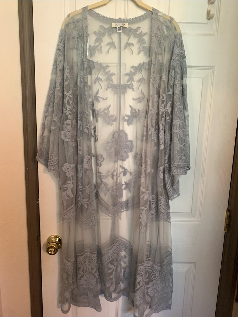 She + Sky Light Gray Floral Embroidered Sheer Kimono